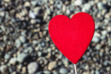 A man holds a red wooden heart on a stick against the background of nature, sky, stones. The concept...