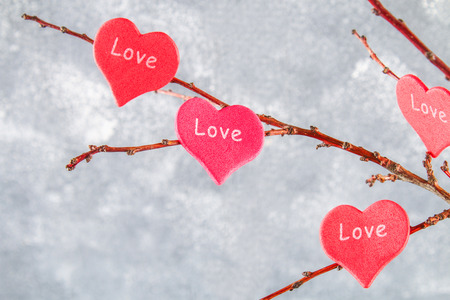 Red hearts with an inscription Love hang on branches on a gray concrete background. Love tree. The concept of Valentine's Day. A symbol of loveの写真素材