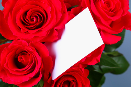 Blank white gift card on a bed of red rose petals, ready for your messageの写真素材