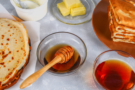 Traditional Ukrainian or Russian pancakes. Shrovetide Maslenitsa. Traditional dishes on the holiday Carnival Maslenitsa Shrovetideの写真素材
