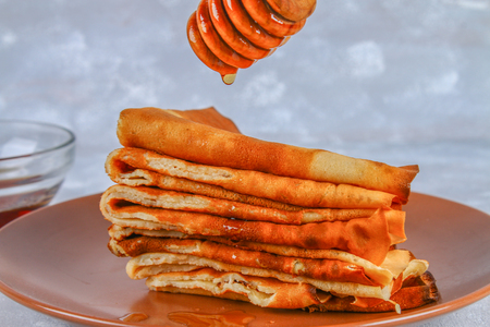 Traditional Ukrainian or Russian pancakes. Shrovetide Maslenitsa. Traditional dishes on the holiday Carnival Maslenitsa Shrovetideの写真素材