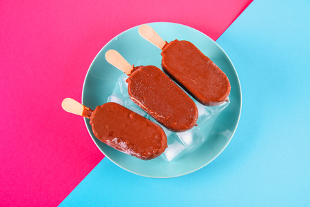 Ice cream ice cream on a blue-pink pastel background. Eskimoの写真素材