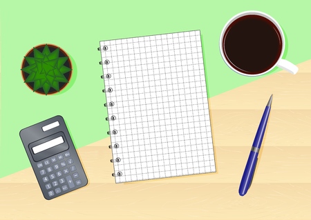 A wooden table with a green background with a notebook, a pen, a cup of coffee, a calculator and a cactus. Top viewのイラスト素材