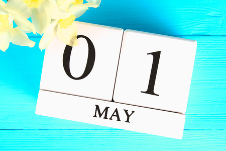 White wooden calendar with the text: May 1. White flowers of daffodils on a blue wooden table. Labor...