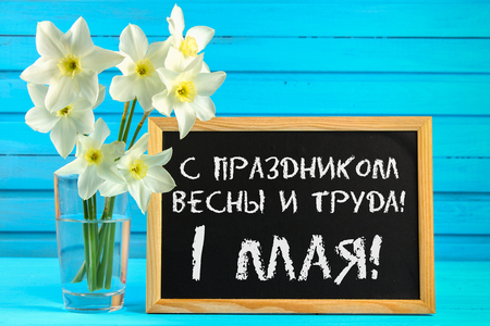 Chalkboard with the text in Russian: with the holiday of spring and labor, 1 May. White flowers of daffodils on a blue wooden tableの写真素材