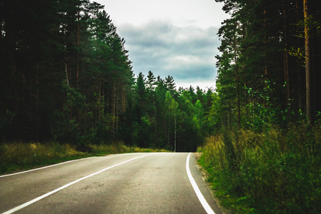 Road to the distance among the forestの写真素材