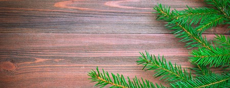 Christmas tree branch on a wooden background.