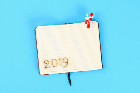 2019 year. Blank notepad. Plans and goals for the year. Top view, flat layの写真素材