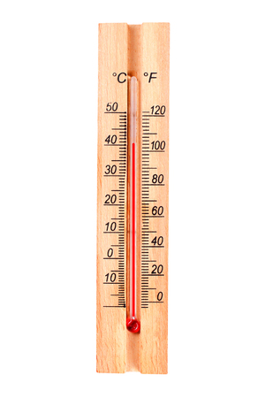 Wooden thermometer. Thermometer shows 40 degrees. Isolate thermometer. Thermometer on a white...