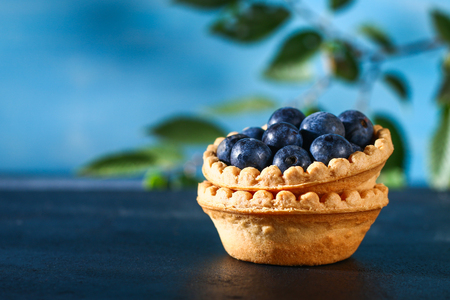 Blue blackthorn berries in sand tartlets on a tableの写真素材