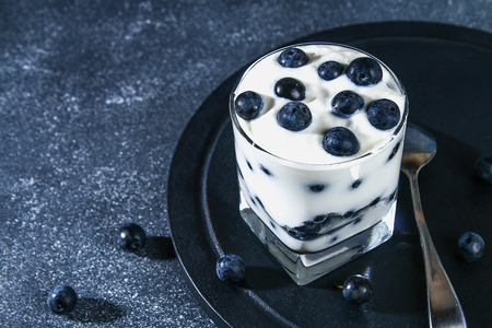 Yogurt with blue blackthorn berries in a glass. Berry dessertの写真素材