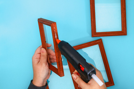 DIY. How to make a winter window with frosty patterns from photo frames and magnesium sulfate powder. Winter holiday decoration for Christmas. Guide, step by stepの写真素材