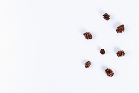 Christmas layout. Pine cone on a white background. New Year 2019, christmas, winter concept. Copy space, tov view, flat lay compositionの写真素材