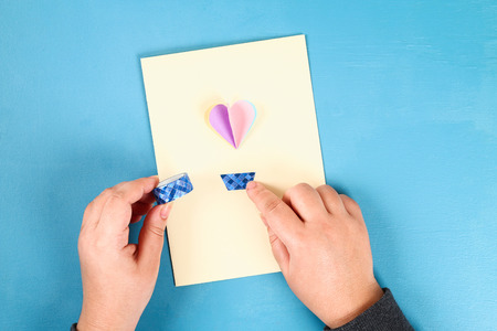 DIY Valentines greeting card blue wooden background. Gift ideas day love, February 14, Valentines...