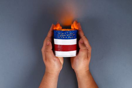 9 Diy 4th of July tin can candlestick, electric tape, paint color American flag red blue white. Gift idea decor July 4 USA Independence Day. Step by step. Top view. Process kid children craft.の写真素材