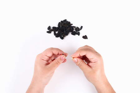 The girl opens sunflower seeds with her hands on a white background. Top view.の写真素材