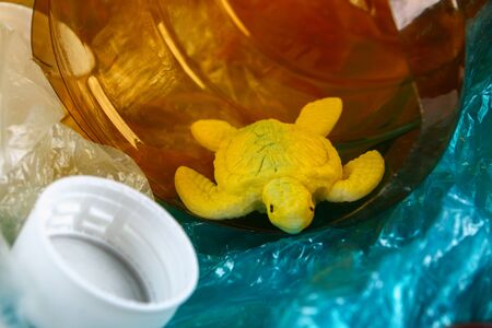 Plastic pollution in ocean environmental problem. Sea Turtle eat plastic bag. Ecological situation...