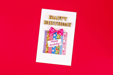 DIY card Happy birthday. Gift on a postcard of scotch. Step by step. Craft.の写真素材