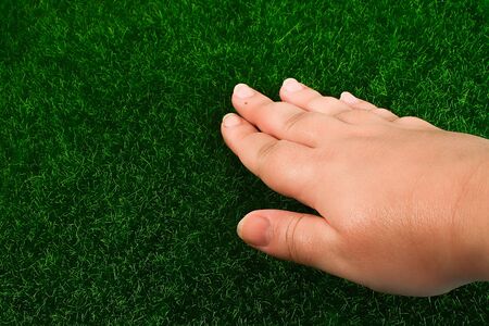 Hand touches the grass lawn. The concept of touch, tactility, feelings.の写真素材