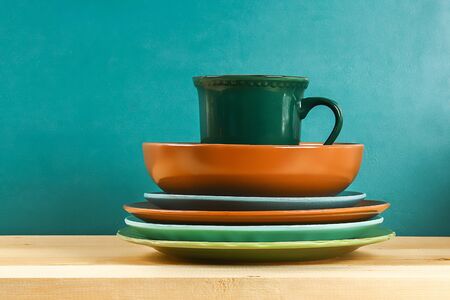 Glassware. Glass plates, cups, bowls Dishes on the shelf Kitchenwareの写真素材