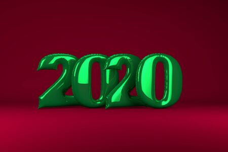 Green metallic inflatable figures 2020 on red background. Balloons. New Year. 3d render,...