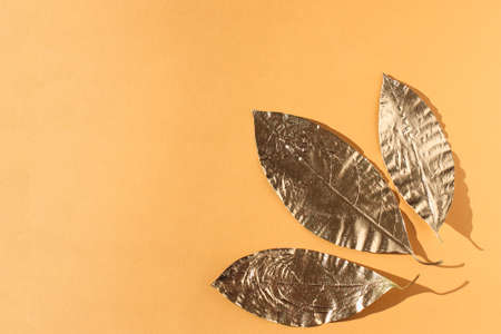 Leaves painted in gold on an orange background. Golden autumn concept.の写真素材