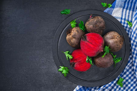 Beets for cooking. Beetroot vegetables on the table. Top view.の写真素材