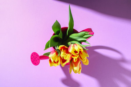 A bouquet of tulips as a gift for March 8, Mothers Day, Valentines Day. Easter decor. Top view. Flowers tulips on a purple background.の写真素材