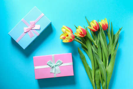 A bouquet of tulips as a gift for March 8, Mothers Day, Valentines Day. Easter decor. Top view....