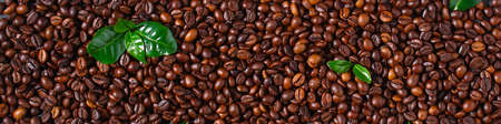 Roasted brown coffee beans on a gray background. Template for advertising coffee. Top view. Banner.