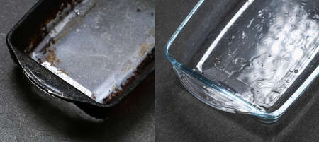 Collage before and after, intermediate result. A baking dish cleaned from a thick layer of carbon. Glass baking dish with dried, burnt fat and soot.の写真素材