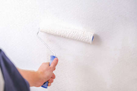 A man is painting vinyl wallpaper with a velour roller for painting with white paint. Renovation of...