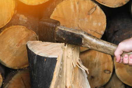 A man is chopping logs with an axe on chopping block. Harvesting of firewood stocks for heating. An alternative source of thermal energy instead of natural gas.の写真素材