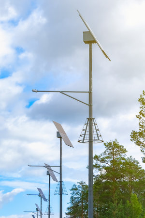 Solar panels on lampposts. Renewable energy sources in the countryside.の写真素材