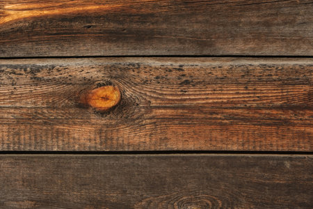 Wooden texture with horizontal lines. The texture of wood with knots and holes. The background of a wooden fence damaged by time. The texture of a tree with moss.の写真素材