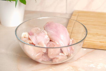 Defrosted raw chicken fillet in a glass bowl. Fresh raw chicken breast for cooking chopped chicken cutlets. Glass bowl and wooden cutting board for slicing chicken fillet.の写真素材