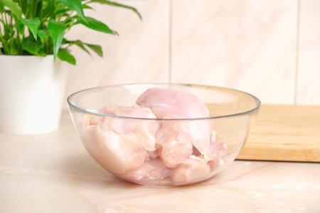 Defrosted raw chicken fillet in a glass bowl. Fresh raw chicken breast for cooking chopped chicken cutlets. Glass bowl and wooden cutting board for slicing chicken fillet.の写真素材