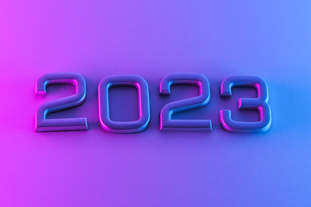 The numbers 2023 in neon light. New Year 2023 on a blue pink background. The postcard is in purple....