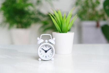 A white alarm clock on a white table with an indoor ornamental plant.の写真素材
