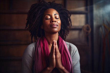 Young african american woman meditating in a room with loft interiorの素材