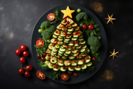 Christmas tree of snacks. Food, salads in the shape of a Christmas tree. New Year's concept.の素材