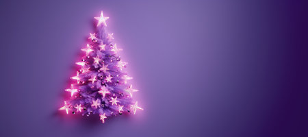 Decorated abstract violet Christmas tree with glowing lights. Purple background. Banner. The arrival of Christmas and New Year.の素材