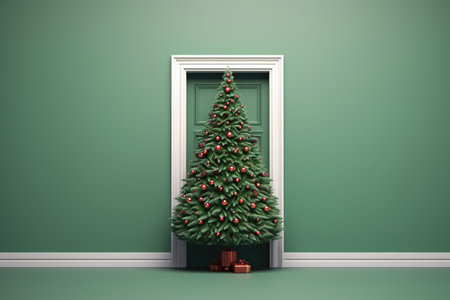 Decorated Christmas tree in the doorway in the green room. The advent of Christmas and New Year.の素材