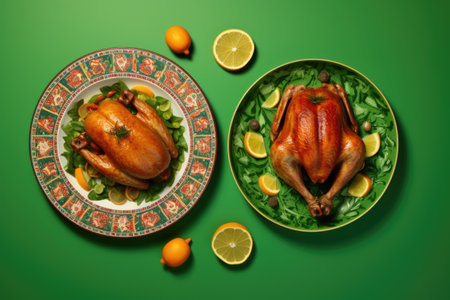 Turkey and other dishes, snacks for the table at Christmas. Green table top view.の素材