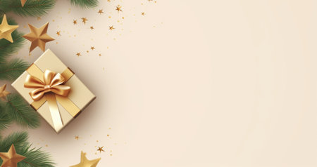 Christmas gifts with ribbons wrapped in wrapping paper are on the table. Copy space. Top view. New Year.の素材