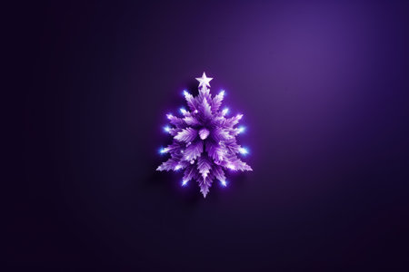 Decorated abstract violet Christmas tree with glowing lights. Purple background. Banner. The arrival of Christmas and New Year.の素材