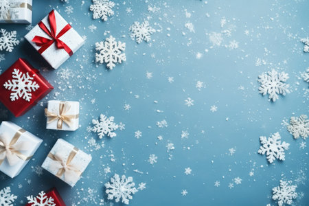 Christmas gifts with ribbons wrapped in wrapping paper are on the table. Copy space. Top view. New Year.の素材