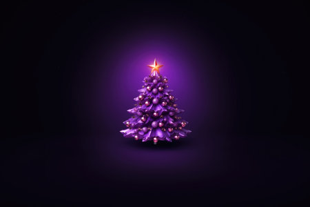 Decorated abstract violet Christmas tree with glowing lights. Purple background. Banner. The arrival of Christmas and New Year.の素材