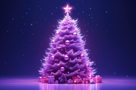 Decorated abstract violet Christmas tree with glowing lights. Purple background. Banner. The arrival of Christmas and New Year.の素材