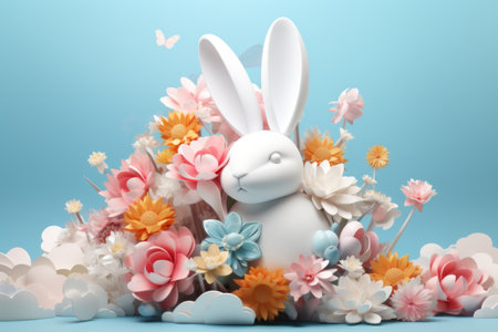 Easter composition with rabbits, eggs and flowers made of paper. Happy Easter.の素材